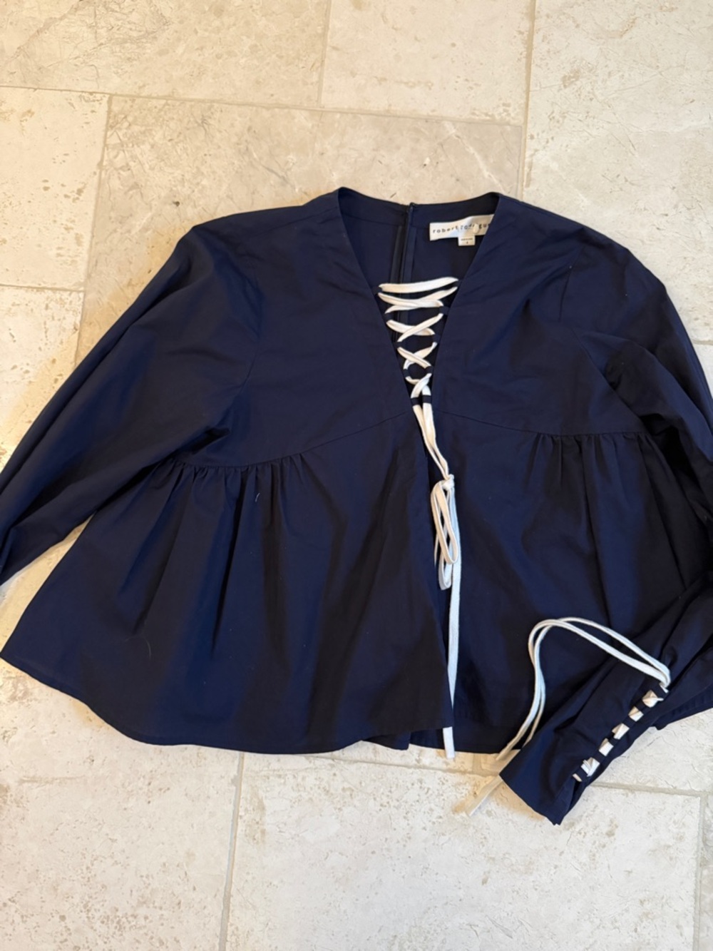 Navy Top with White Lace-Up Detail